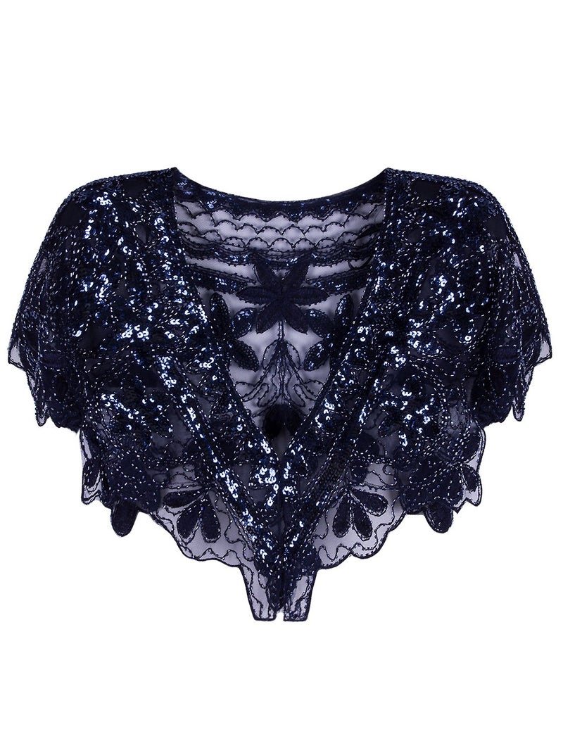 Vijiv Women's 1920s Shawl Deco Sequin Beaded Evening Cape Bolero Flapper Cover Up For Wedding Blue - Image 1
